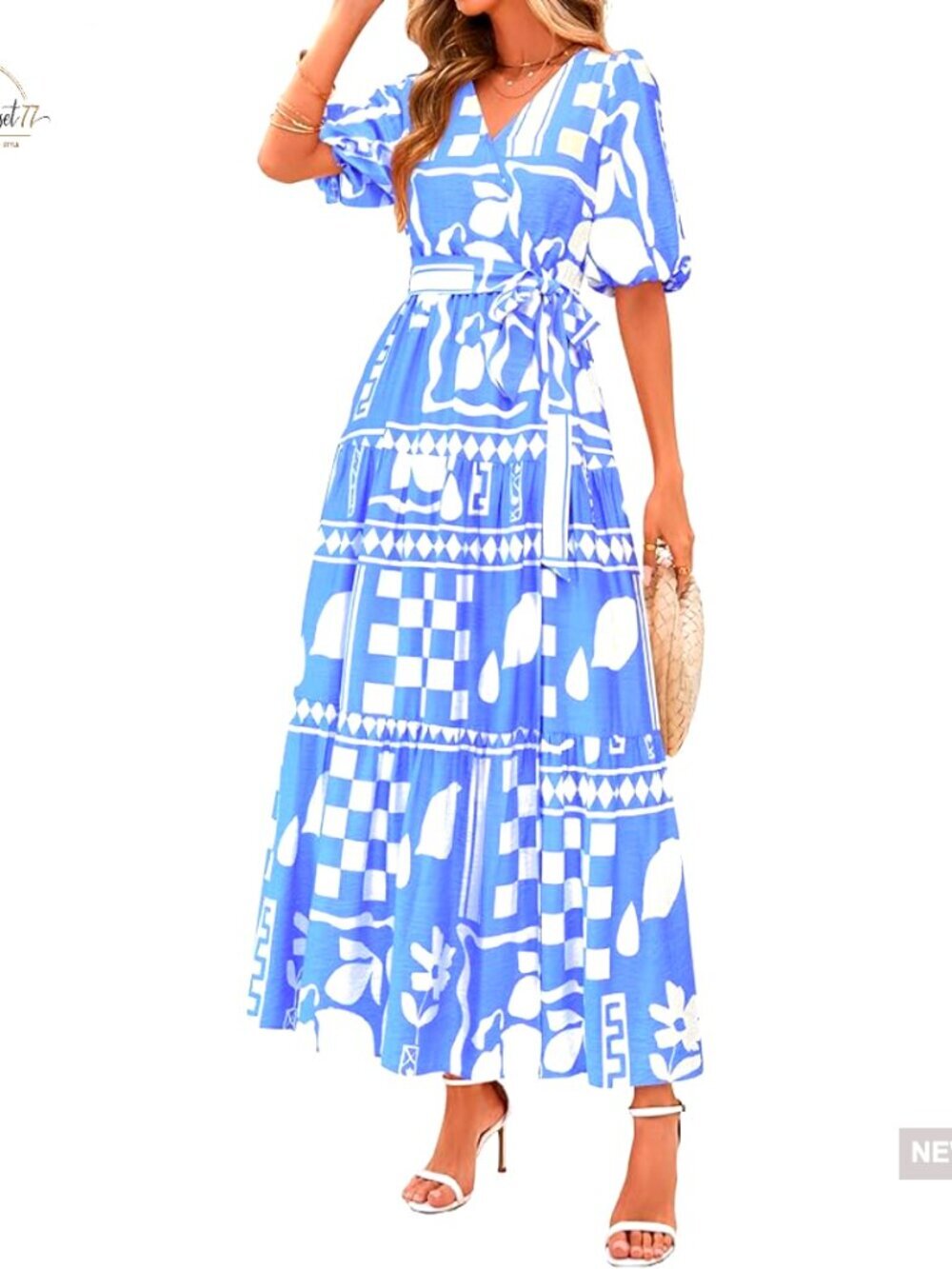 Summer Maxi Dress Boho Floral V Neck Puff Sleeve Ruffle Flowy Beach